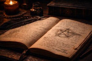 An open journal in low light with ink, marginalia, and a crossed-out mark—suggesting record, revision, continuity.