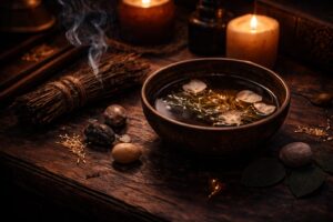 A quiet offering bowl in warm light with natural elements—suggesting reciprocity and relationship.