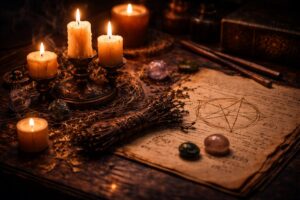 Multiple candles and shared ritual focal points in warm light—suggesting collective coherence.