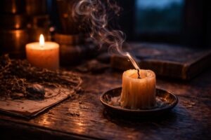 An extinguished candle with curling smoke in indigo shadow and warm gold tones—suggesting closure and return.