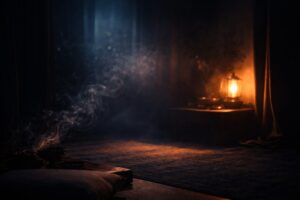 A dim, indigo-toned interior with warm gold light and faint smoke—an atmosphere of preparation.