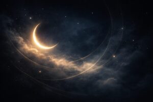 A crescent moon in deep indigo sky with subtle golden illumination—suggesting rhythm and cycle.