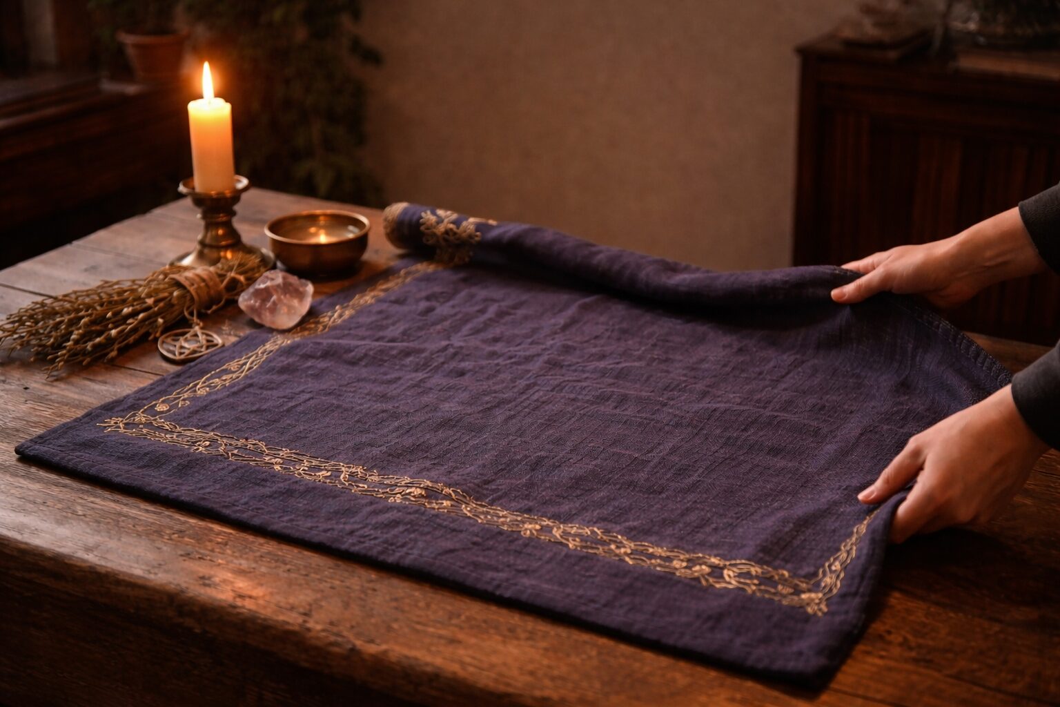 An altar surface being prepared in a quiet home setting.