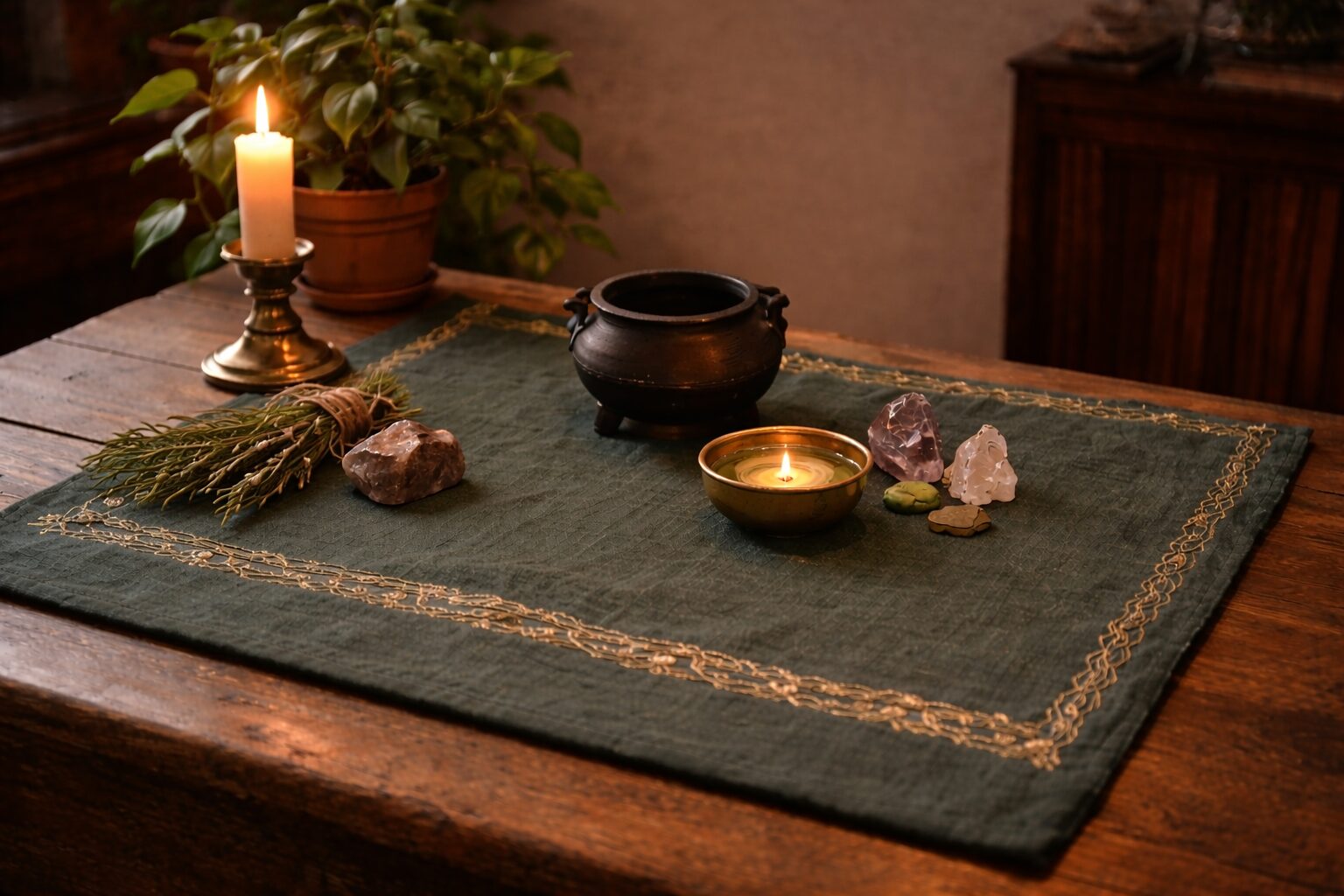 An altar partially arranged, leaving open working space.