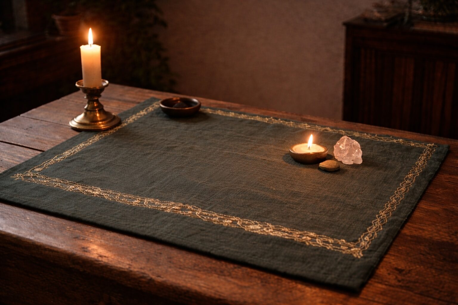 An altar emphasizing depth, containment, and intentional empty space.