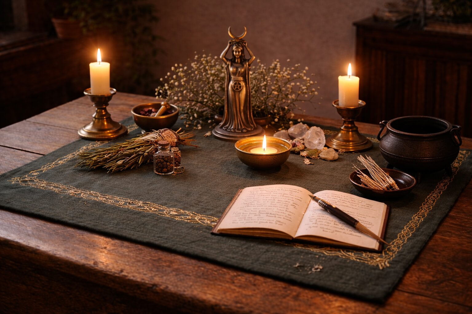 A lived-in altar space showing presence without clutter.