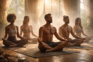 A warm, modern spiritual scene with practitioners in a steamy hot-yoga studio (post-religious embodied spirituality).