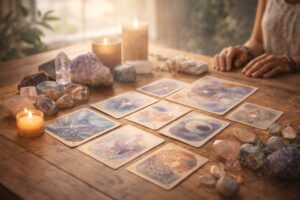 Oracle cards, candles, and crystals on a sunlit table (modular post-religious spiritual practice).
