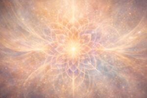 A luminous pastel-gold mandala of interwoven light (universalism and unity aesthetics).