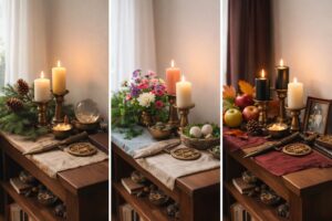 Standing altar shown through winter, spring, and autumn seasonal changes