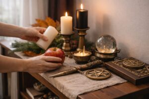 Hands rotating seasonal items on a standing altar