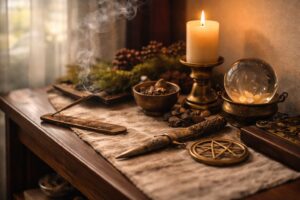 Candlelit altar atmosphere with incense smoke and ritual tools