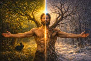 A prism-like finger of light divides seasons; human form and tree interwoven, symbolizing polarity and embodiment