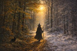 A witch walking a winding path through a liminal season, embodying the turning year