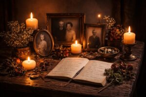 Indoor ancestor remembrance with candles and personal objects