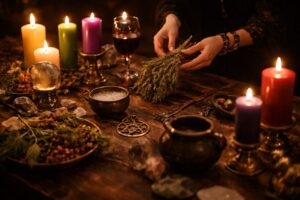 Hands preparing an altar with candles, herbs, and ritual tools