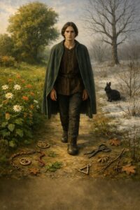 Folk practitioner walking between seasons, hearth and hedge symbolism