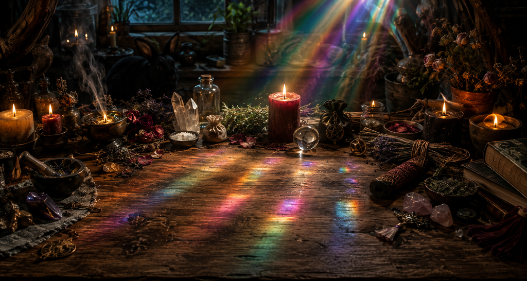 Witchcraft worktable with candles, herbs, crystals and magical tools illuminated by rainbow prism light