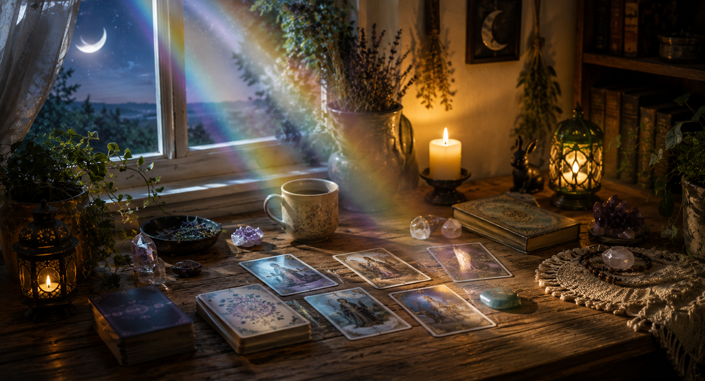 Moonlit tarot reading table with cards, candles and rainbow prism light