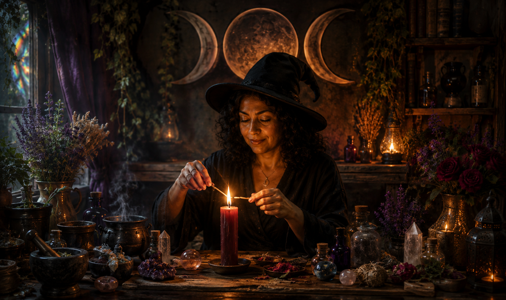 Witch tending a candle working beneath a triple moon symbol in a lived-in magical workspace