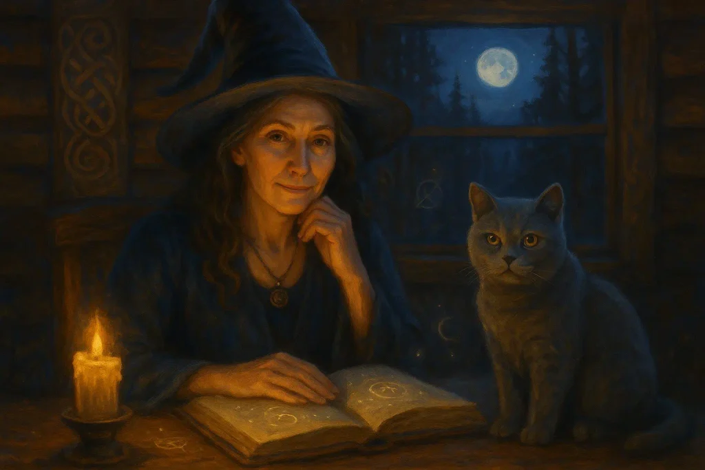 Ask a Witch guidance from My Cousin’s Coven, with a witch, candlelit book, and grey cat