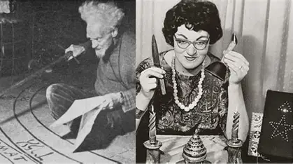Historic black-and-white photographs of two influential early Wiccan figures during the formative years of modern Wicca.