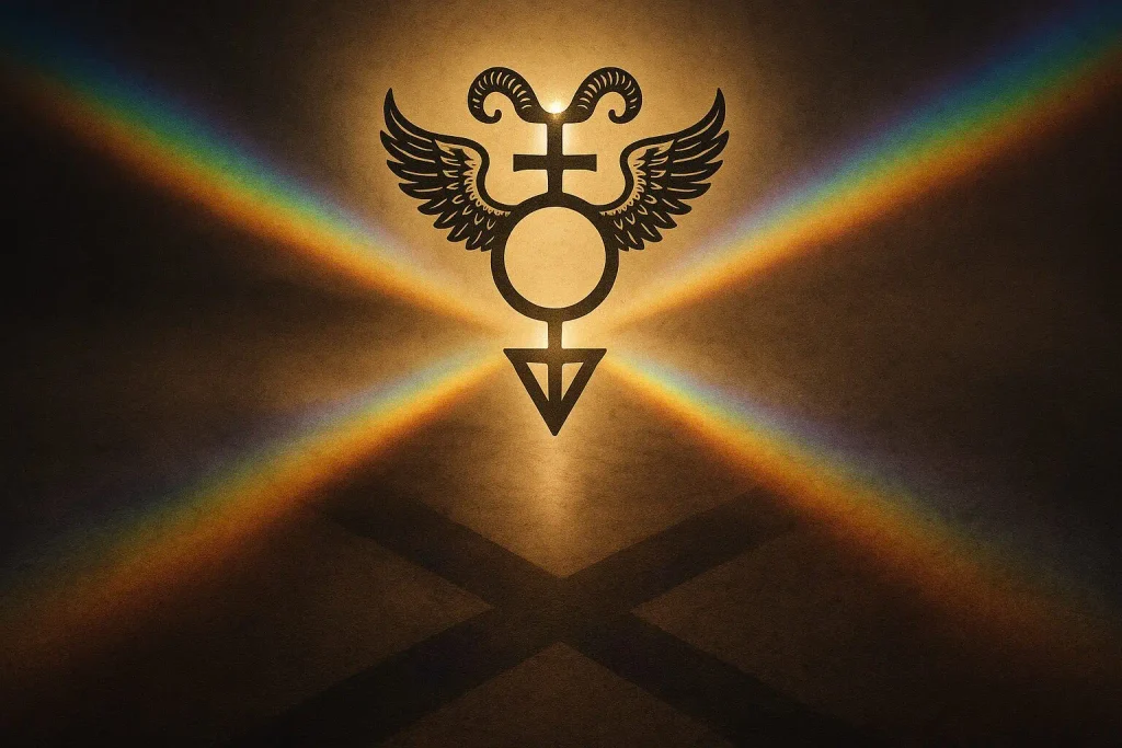 Occult symbol framed by crossing beams of golden light, representing Western esoteric traditions and magical philosophy.