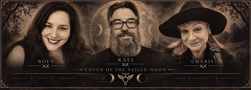 Sepia banner featuring Roen, Kael, and Charis of Coven of the Veiled Moon, with Kael centered beneath the full moon.