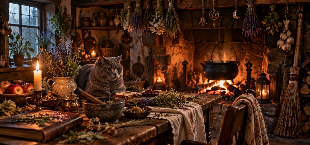: Rustic hearth kitchen with hanging herbs, a simmering cauldron, household tools, apples, candles, and a blue-grey British Shorthair cat, evoking the domestic and healing roots of early witchcraft practice.