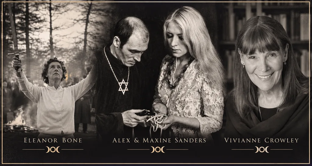 Historic portraits of Eleanor Bone, Alex and Maxine Sanders, and Vivianne Crowley, influential figures in modern Wicca.