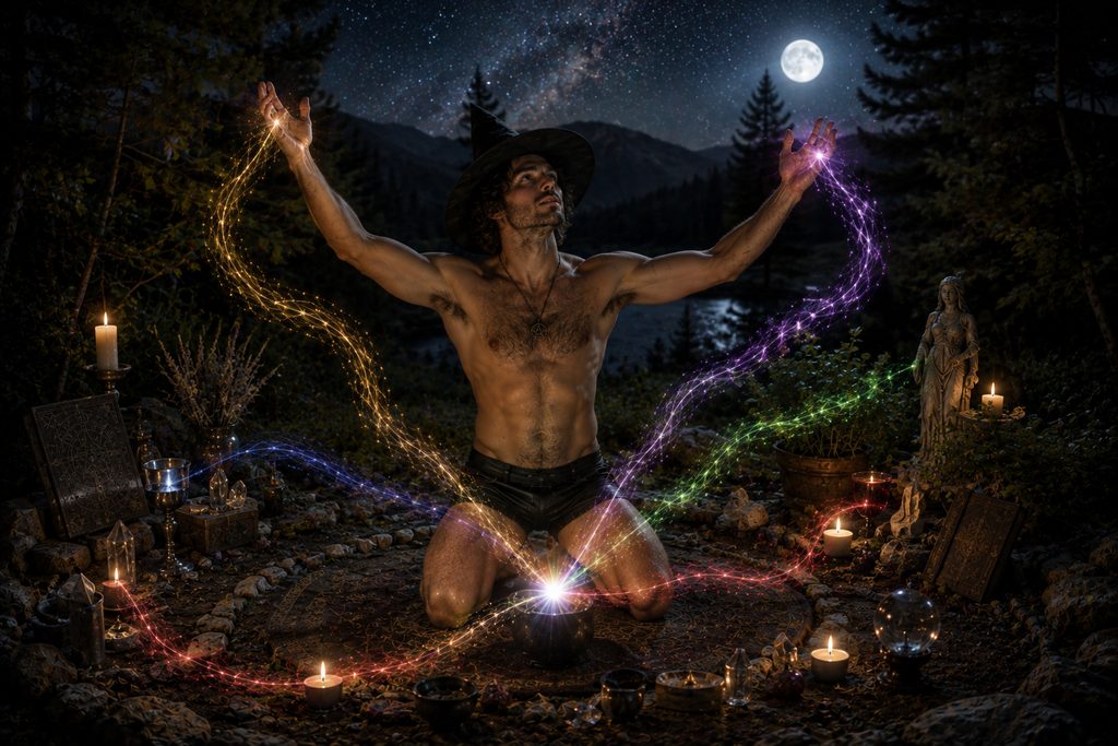 Shirtless male witch raises his arms beneath the moon as subtle magical currents from ritual tools, herbs, spirit, and timing converge in a rainbow burst at the center of his working.