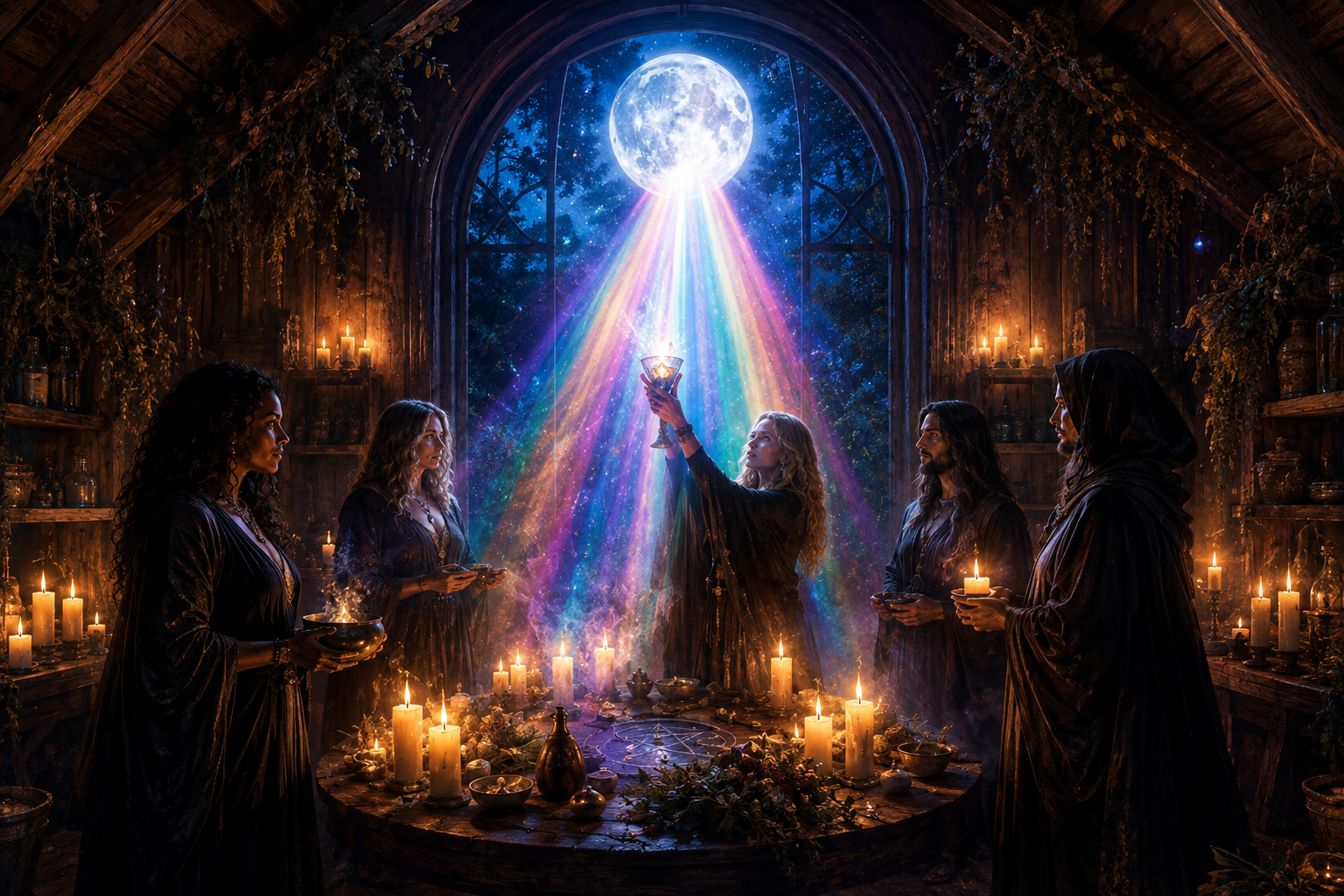 Coven ritual beneath a full moon as a rainbow Finger of Light descends into a raised chalice.