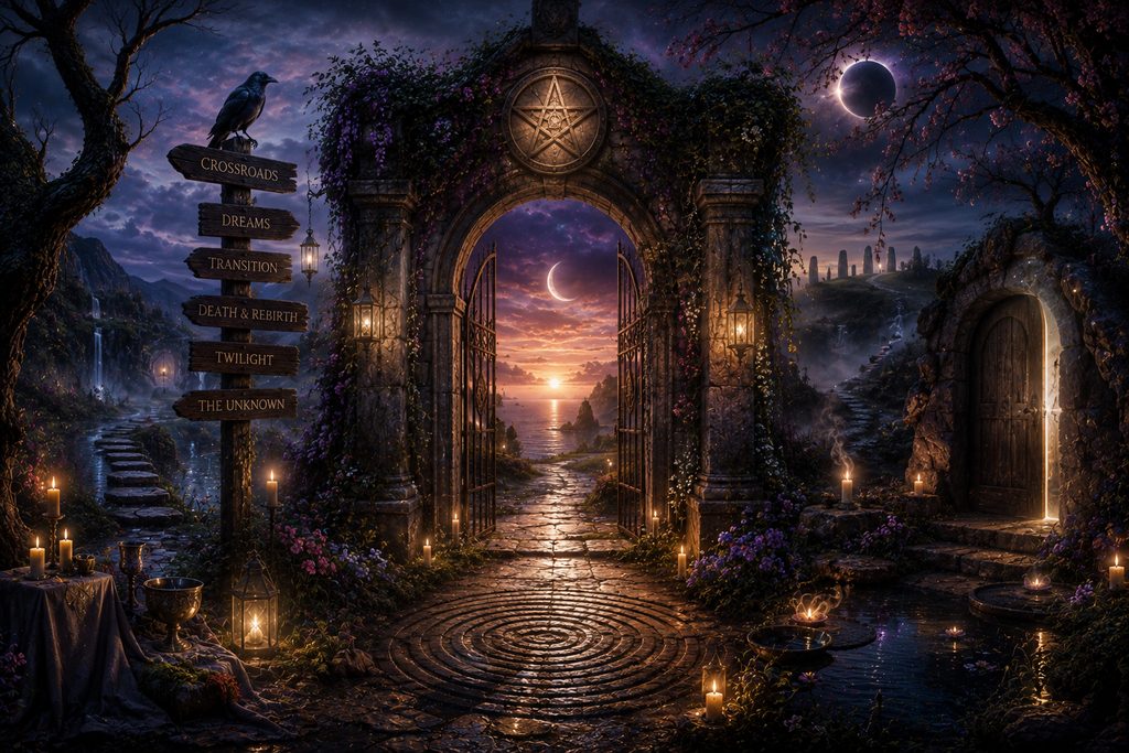 An ancient moonlit gateway stands at a crossroads beside the sea, surrounded by candles, mist, and branching paths that evoke dreams, transition, death, rebirth, and the unknown.