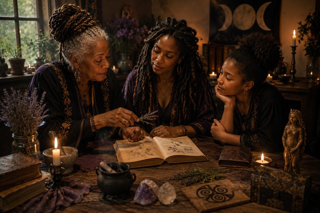 Three generations of Black women study herbs and a family grimoire together at a candlelit table, representing magical correspondence shaped by nature, culture, tradition, and practice.