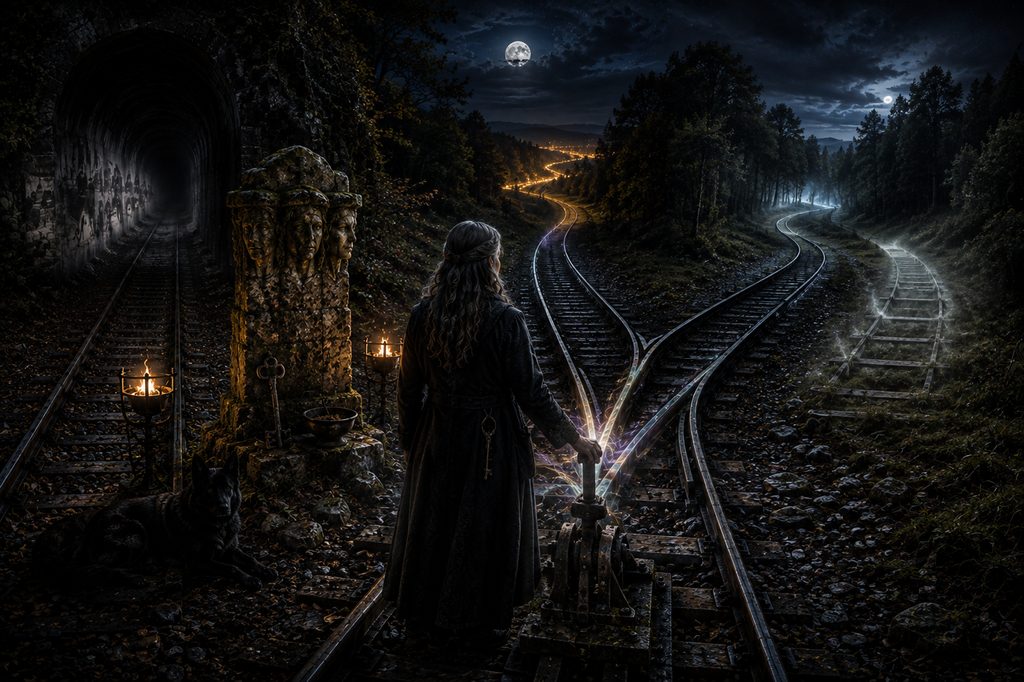 A cloaked woman stands at a moonlit railway switch beside an ancient Hekatean shrine and black dog as one fixed track from the past divides into several possible futures.