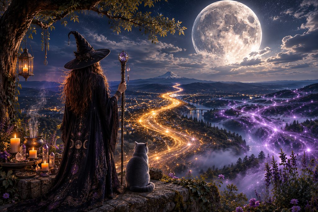 Witch and grey British Shorthair overlook a moonlit landscape where golden and violet paths suggest time, magic, and branching possibilities.