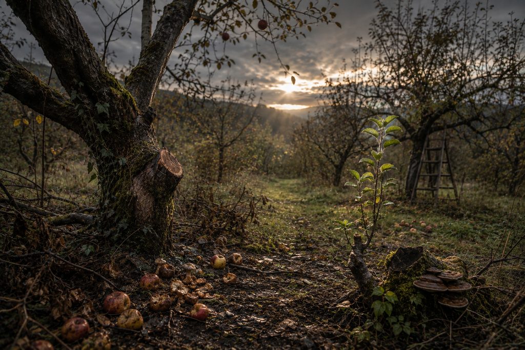 An old orchard with a cut branch, fallen fruit, fungi, and new growth illustrates how every change creates consequences within a living system.
