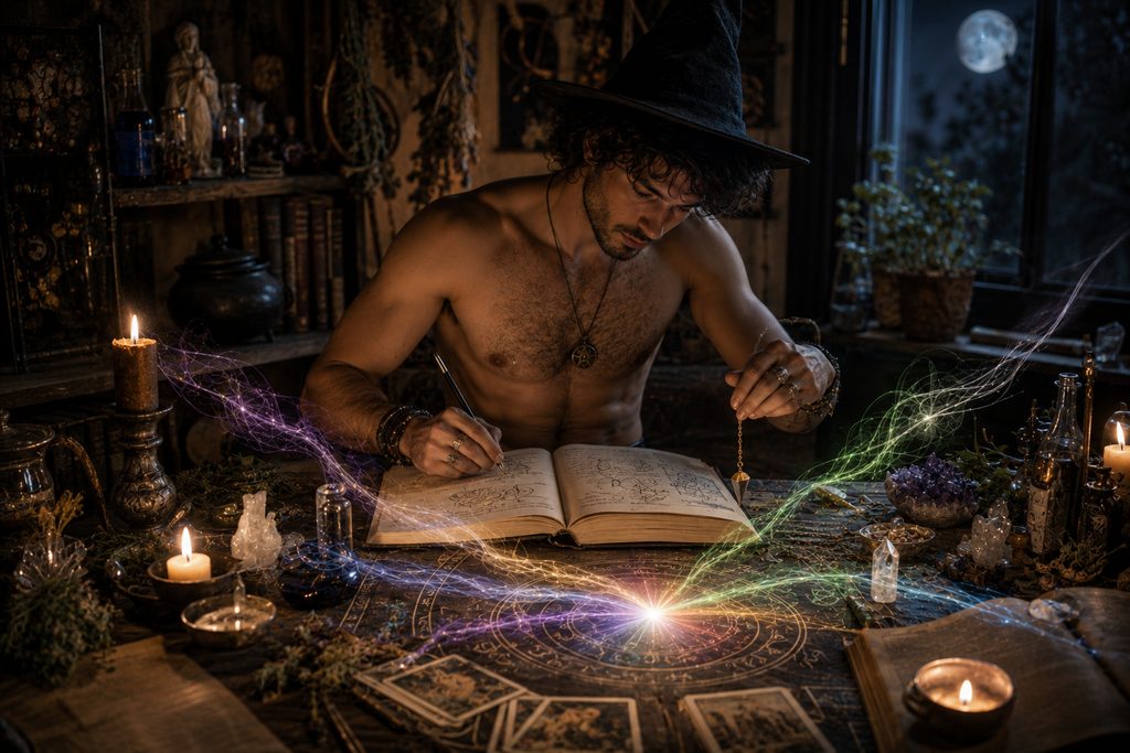Shirtless male witch studies a grimoire and pendulum at a candlelit table as subtle magical currents gather around his tools and working space.