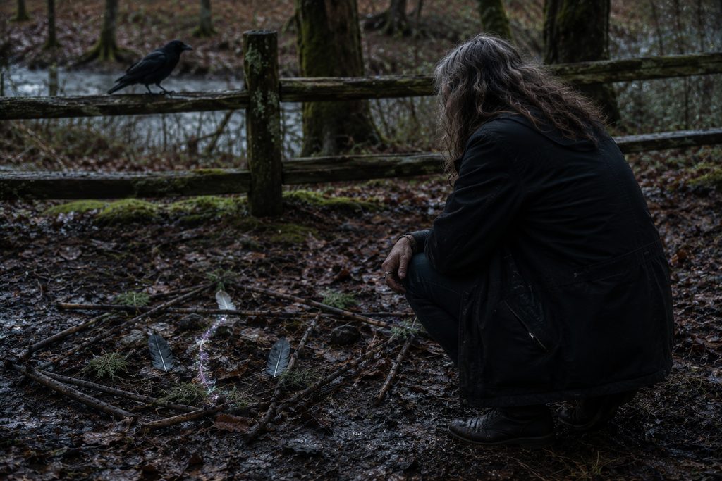 A person examines an unusual arrangement of sticks, feathers, and stones on a rain-dark forest floor while a black crow watches from a nearby fence, symbolizing curiosity without rushing to interpretation.