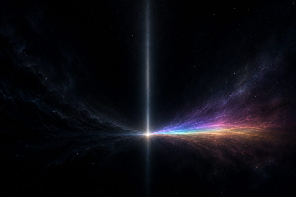 A narrow white light emerging from cosmic darkness and opening into a subtle rainbow spectrum.