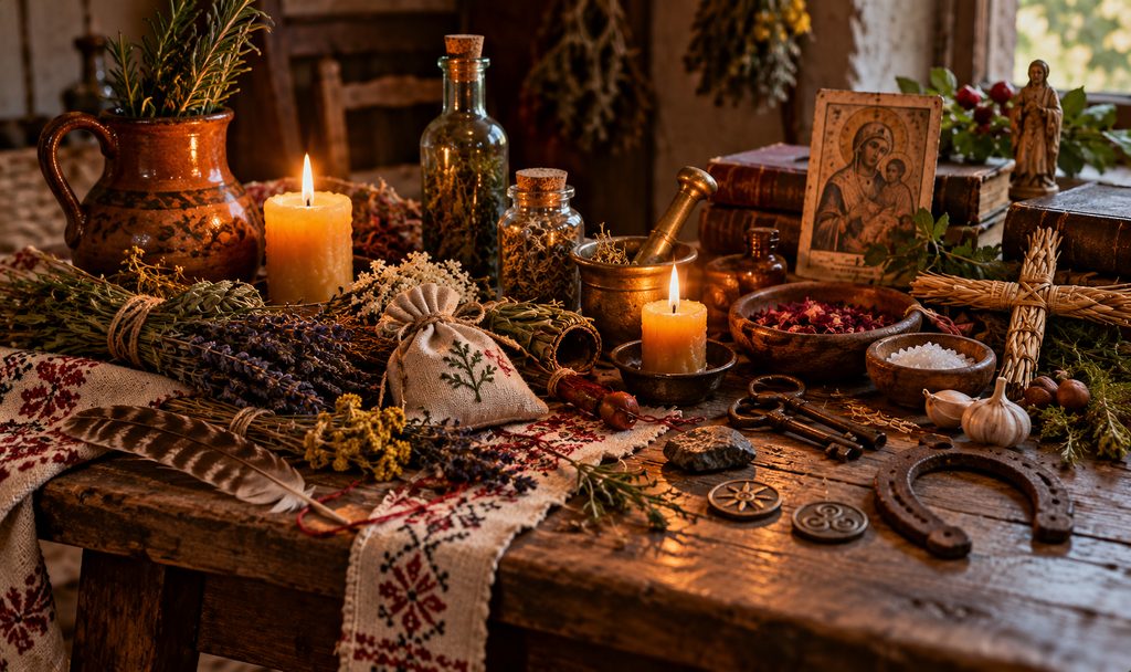 Rustic folk-magic worktable with herbs, candles, bottles, keys, a horseshoe, woven charms, prayer imagery, and household protective objects representing regional healing, blessing, and folk traditions.