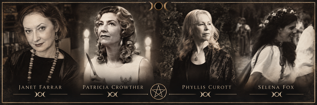 Sepia banner featuring Janet Farrar, Patricia Crowther, Phyllis Curott, and Selena Fox, influential women in modern Wicca.