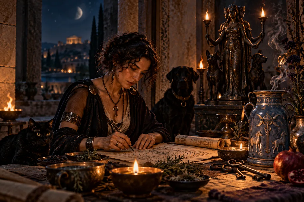 A woman writing ritual symbols by candlelight in an ancient Mediterranean shrine with Hekate, black dogs, a black cat, herbs, keys, and a blue-gray ceremonial vessel.