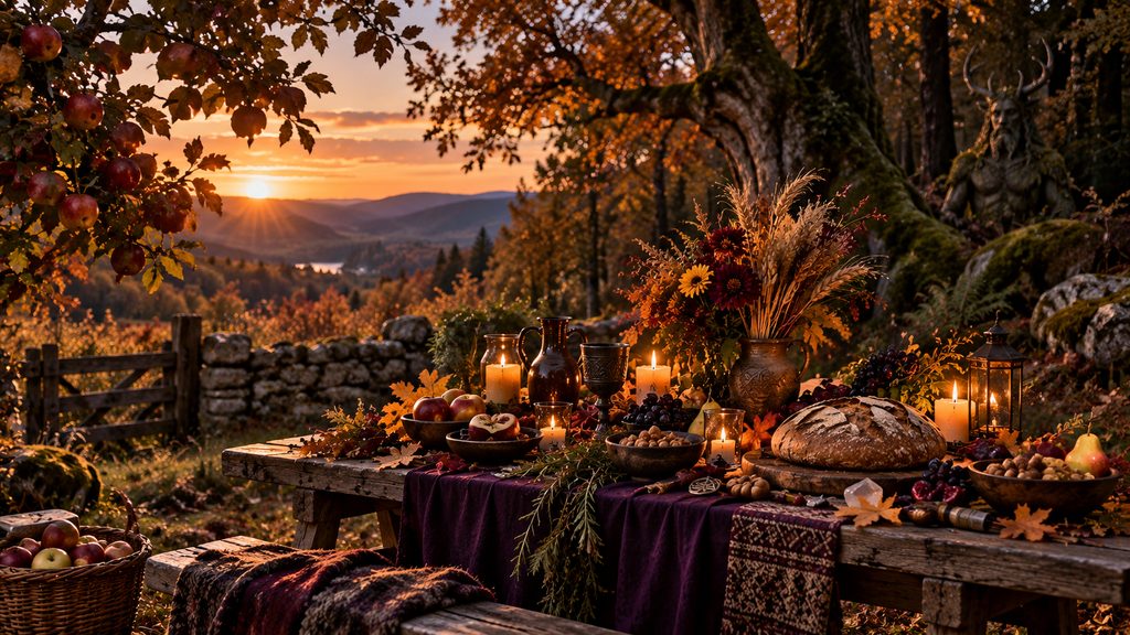 Mabon autumn equinox harvest table with apples, bread, candles, purple accents, and Horned God and Mother figures at sunset.