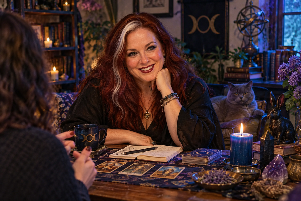 Roen listens to a visitor across a candlelit consultation table with tarot cards, a notebook, tea, and a blue candle.