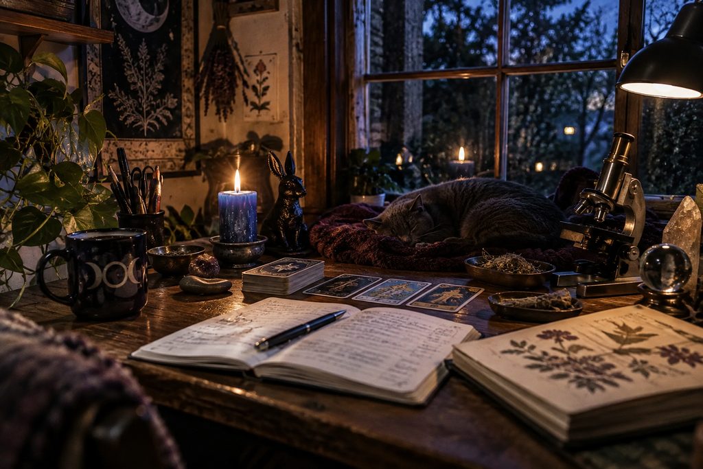 A candlelit witch’s study with a microscope, tarot cards, handwritten notes, botanical references, and a gray cat by the window.