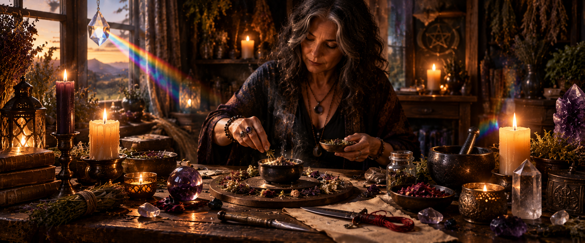 A middle-aged witch works at a ritual table with herbs, candles, crystals, tools, and written materials as a rainbow prism casts colored light across the working.