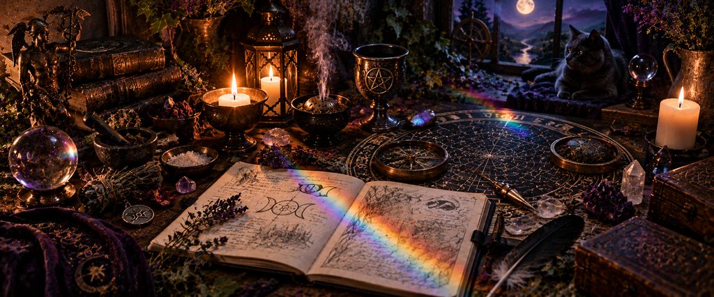 A candlelit magical study table combines ritual tools, herbs, crystals, celestial symbols, written notes, and divination materials as a rainbow prism crosses the working.