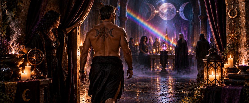 A shirtless adult man enters a candlelit ritual space as a woman holds open a dark curtain, with other practitioners gathered in the distance and a rainbow prism crossing the room.