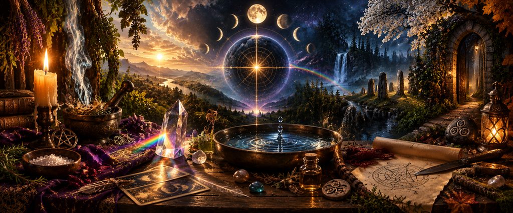 A wide magical landscape where ritual tools, herbs, water, crystals, celestial cycles, and a luminous rainbow prism current converge across multiple paths of practice.